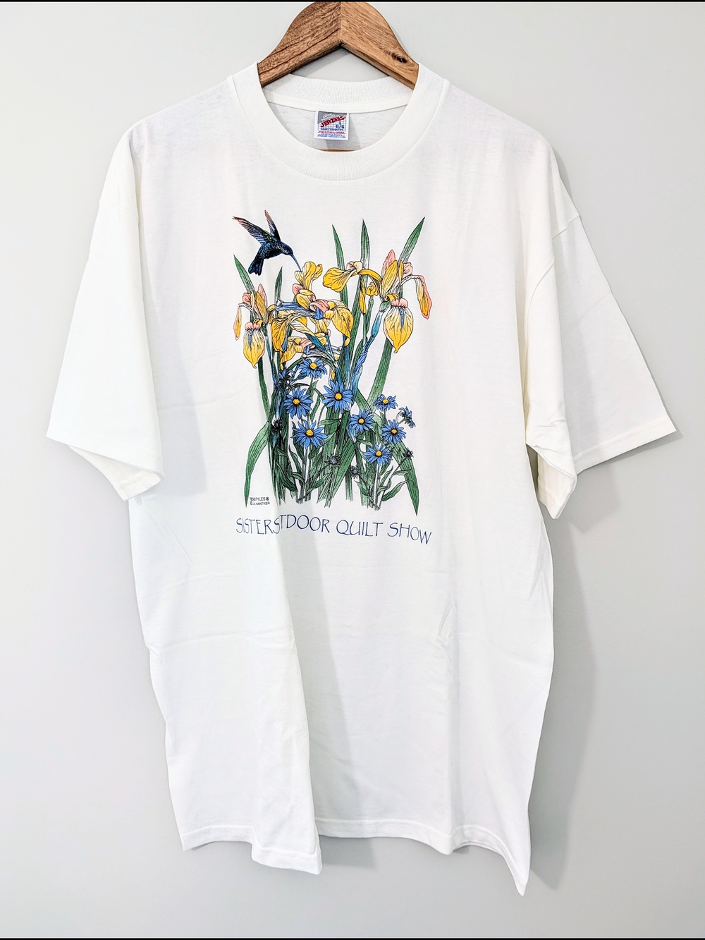Vintage Jerzees Floral Hummingbird Quilt Show Graphic Tee Cottagecore Large